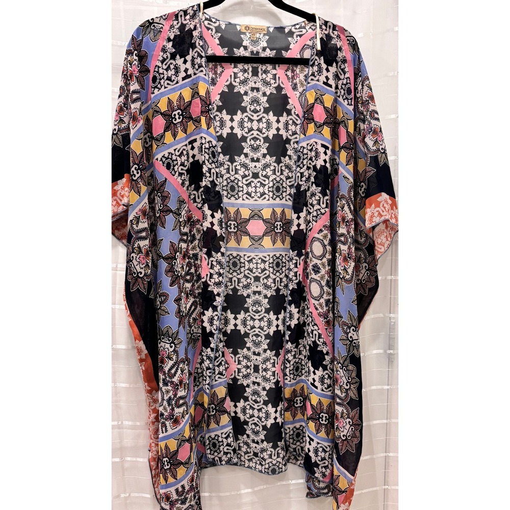 Democracy Womens 1X Kimono Wrap Multi Color Geometric Floral‎ Medallion Chiffon